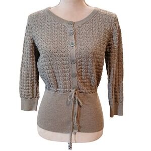 Axcess Womens Metallic Gold Pointelle Knit Button Drawstring Cardigan Sweater